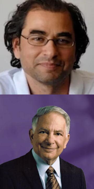 Two men, one with dark curly hair and glasses, the other with gray hair and a suit.