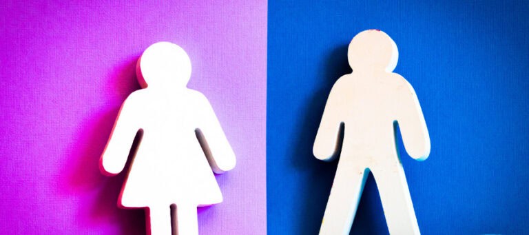 White male and female figures on purple and blue backgrounds. Evolutionary psychology.
