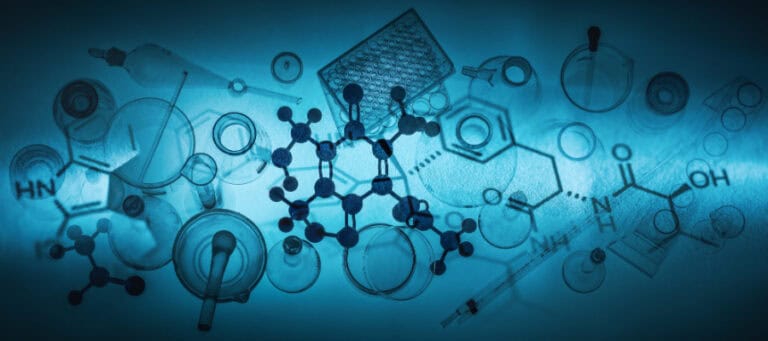 Laboratory glassware and molecular structures. Science and design concepts.