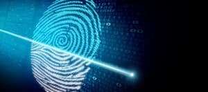Abstract digital fingerprint with binary code, illustrating the ethics of identity and digital security.