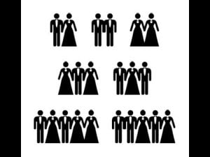 Various illustrations of marriage and monogamy, showing different couples.