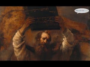 Moses holding the Ten Commandments tablets, a depiction of Jewish philosophy.
