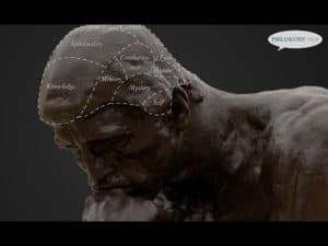 The Thinker statue with areas highlighting spirituality, knowledge, self, and other philosophical concepts related to neuroscience and philosophy.