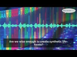 Abstract graphic: DNA sequence data with audio waveform overlay. Are we wise enough to create synthetic life-forms?