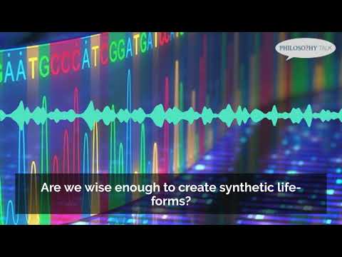 Abstract graphic: DNA sequence data with audio waveform overlay. Are we wise enough to create synthetic life-forms?