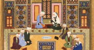 Persian miniature painting depicting Islamic philosophers engaged in discussion.