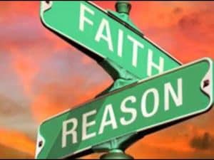 Street signs intersecting: "Faith" and "Reason".