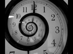 Spiral clock face illustrating a paradox of time.