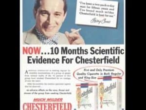 1950s Chesterfield cigarette ad featuring Perry Como; claims 10 months of scientific evidence. Example of pseudoscience in advertising.