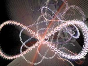 Abstract swirling infinity symbols in glowing light