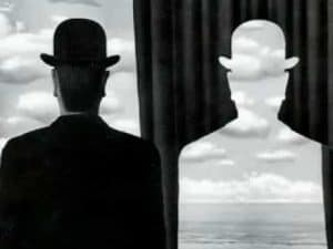 Man in bowler hat, back to camera, gazing at a seascape reflected in a second, transparent man. Illustrates dualism.