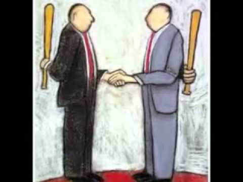 Two businessmen shake hands, each secretly holding a baseball bat behind their backs. A deal with hidden agendas.