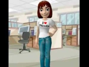 Animated woman wearing an "I ♥ Nerds" shirt. Digital self representation.