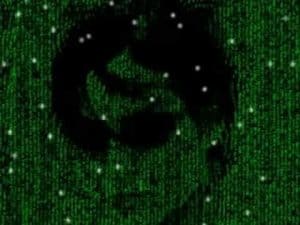 Abstract face formed from green digital code, suggesting levels of reality.