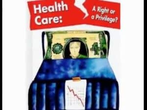 Illustration of a person in a hospital bed, covered by money, depicting the high cost of healthcare. "Health Care: A Right or a Privilege?
