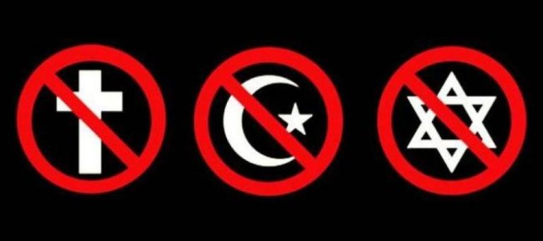 Three religious symbols—a cross, crescent moon and star, and Star of David—each crossed out with a red circle. This illustrates the concept of nihilism.