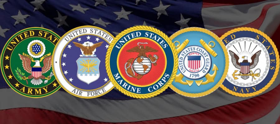 Emblems of the five branches of the United States Armed Forces.