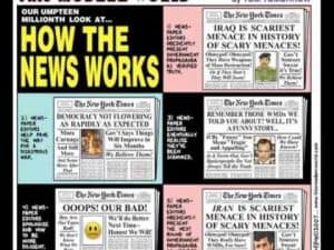 Satirical cartoon depicting how news media portrays democracy and war.