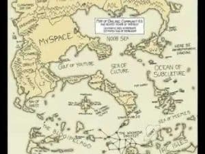 Stylized map depicting the internet's social landscape; key locations include MySpace, YouTube, and the IRC Isles. Social reality visualized.