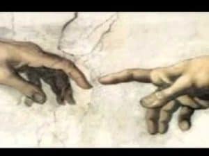 The Creation of Adam detail: God and Adam's hands reaching toward each other, a depiction of humanism.