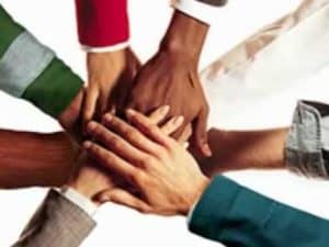 Diverse hands clasped together, symbolizing unity and loyalty.