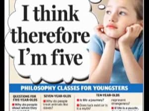 Thoughtful child pondering "I think therefore I'm five," illustrating philosophy for children.
