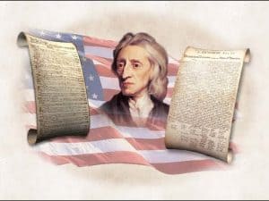 Portrait of John Locke with the Declaration of Independence and US flag