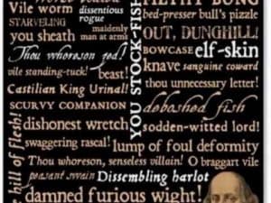 Shakespearean insults word cloud featuring a portrait of William Shakespeare.