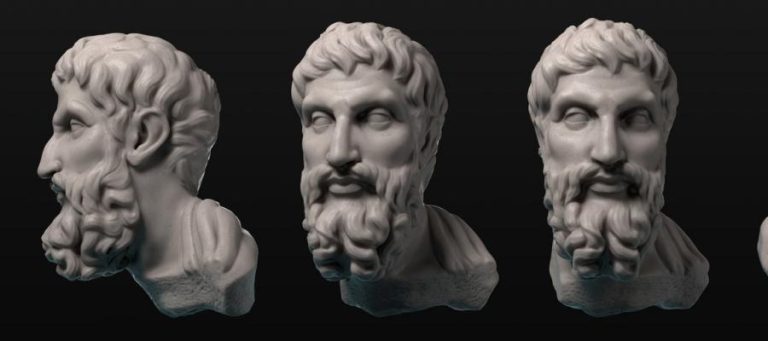 Three-quarter views of a classical bust, possibly representing a philosopher or scholar, reflecting on science, philosophy, and theology.