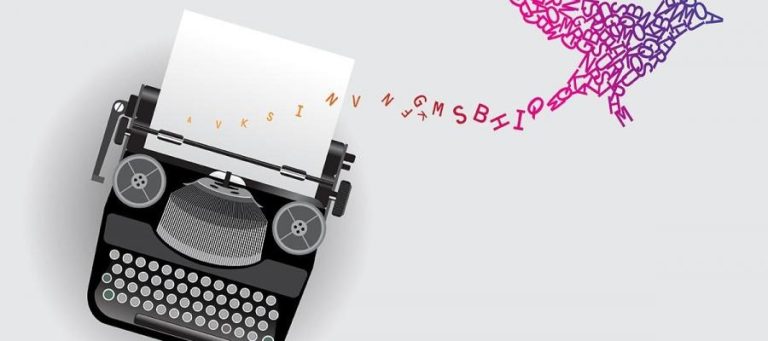 Typewriter with paper and flying letters forming a bird; science, philosophy, and theology.