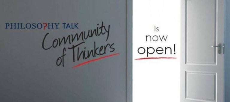 Open door revealing "Community of Thinkers" and "Philosophy? Talk" text.