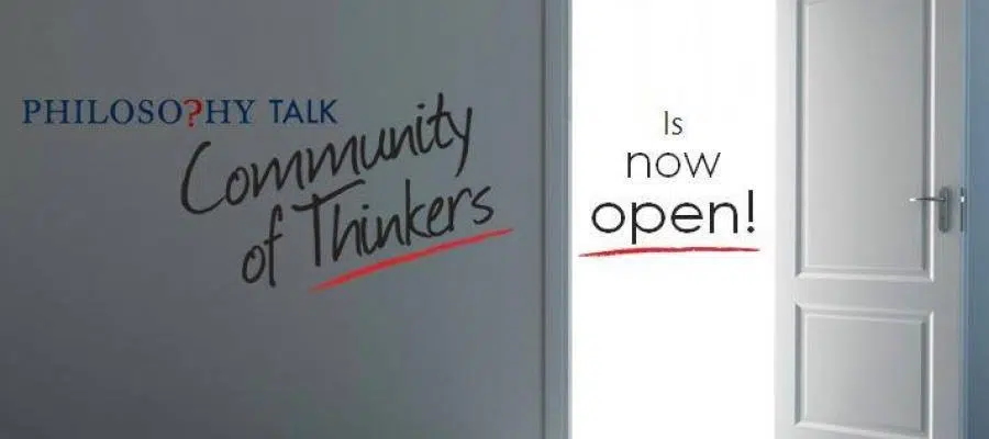 Open door revealing "Community of Thinkers" and "Philosophy? Talk" text.