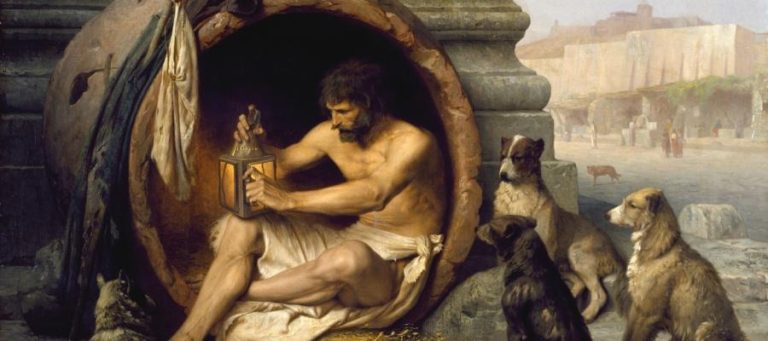 Diogenes in his tub, contemplating a lantern. The problem of other minds is suggested by his solitary existence.