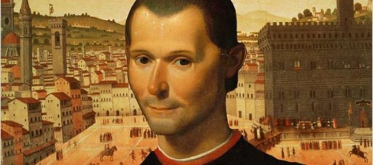 Portrait of Niccolò Machiavelli, with a Renaissance cityscape in the background.