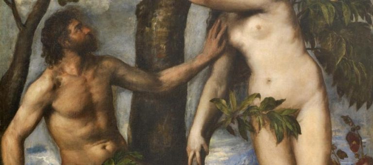 Adam and Eve, nude figures, depicted in a classical painting style.