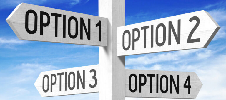 Four directional signs point to "Option 1," "Option 2," "Option 3," and "Option 4," illustrating difficult choices.