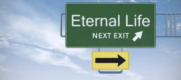 Highway sign: Eternal Life, Next Exit. Arrow points right.
