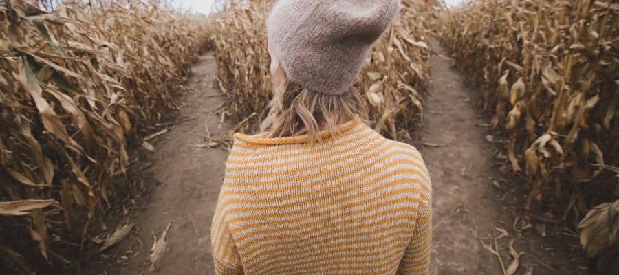 Woman at a crossroads in a corn maze, contemplating her path.