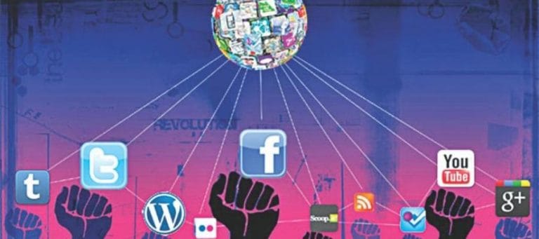 Social media icons connected, symbolizing the evolution of storytelling and digital communication.