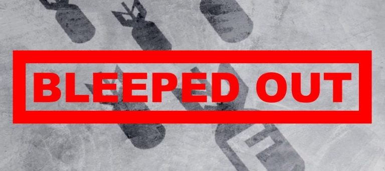Bleeped out text over a background of falling bombs. Forbidden words.