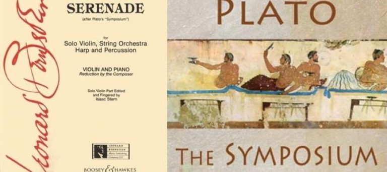 Book covers for Plato's Symposium and Leonard Bernstein's Serenade, a musical composition inspired by the Symposium.