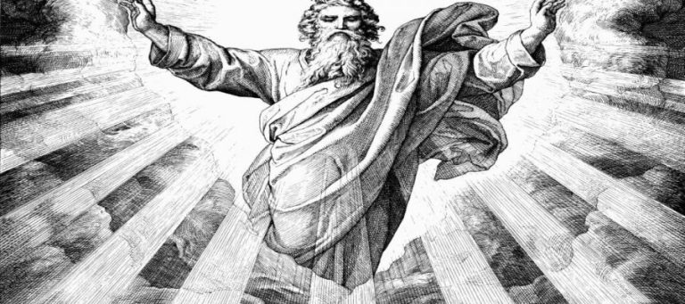 Engraving of God, arms outstretched, surrounded by light; exploring the question of existence.