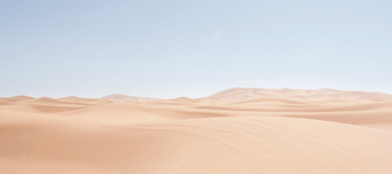 Vast, undulating sand dunes under a pale blue sky. The emptiness evokes questions of existence.
