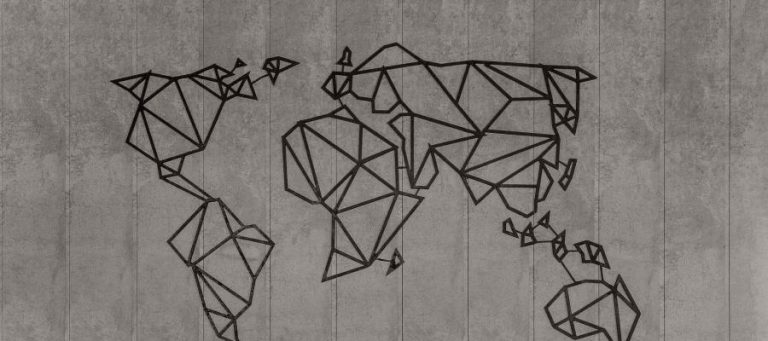 Geometric world map on a textured gray background.