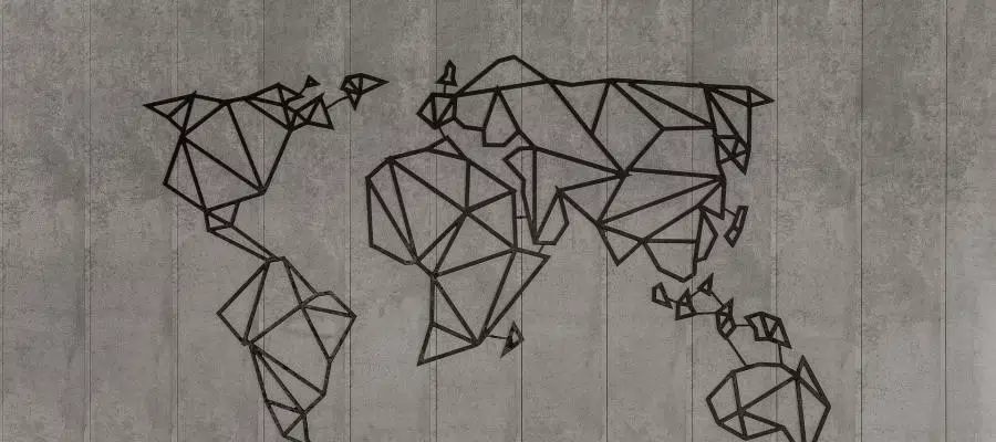 Geometric world map on a textured gray background.