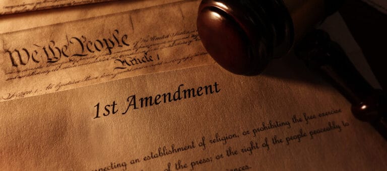First Amendment text with gavel; Dewey's Democracy
