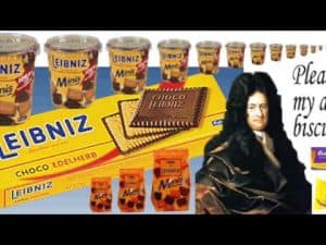 Leibniz biscuits in various sizes and packaging, alongside a portrait of Gottfried Wilhelm Leibniz.