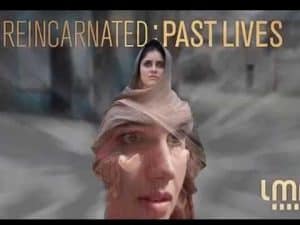 Woman in flowing robe, superimposed image suggesting past life reincarnation.