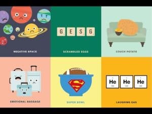 Infographic: Six puns illustrated with playful graphics. Includes "Negative Space," "Scrambled Eggs," "Couch Potato," "Emotional Baggage," "Super Bowl," and "Laughing Gas.