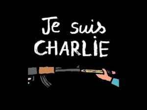 Je suis Charlie illustration: pencil vs. rifle, highlighting satire's power and peril.